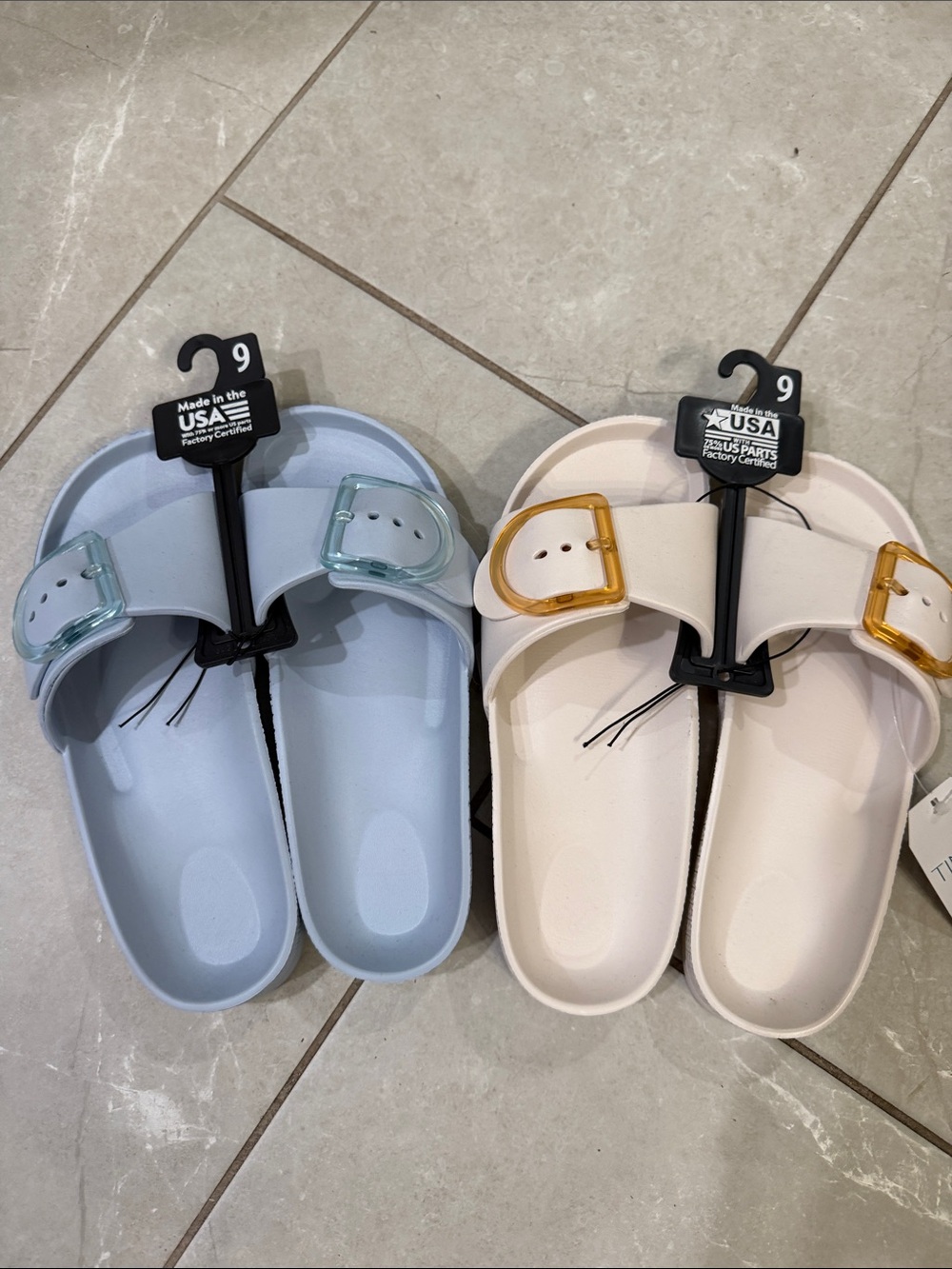 Women’s Slip-On Buckle Sandals in Light Blue and Cream